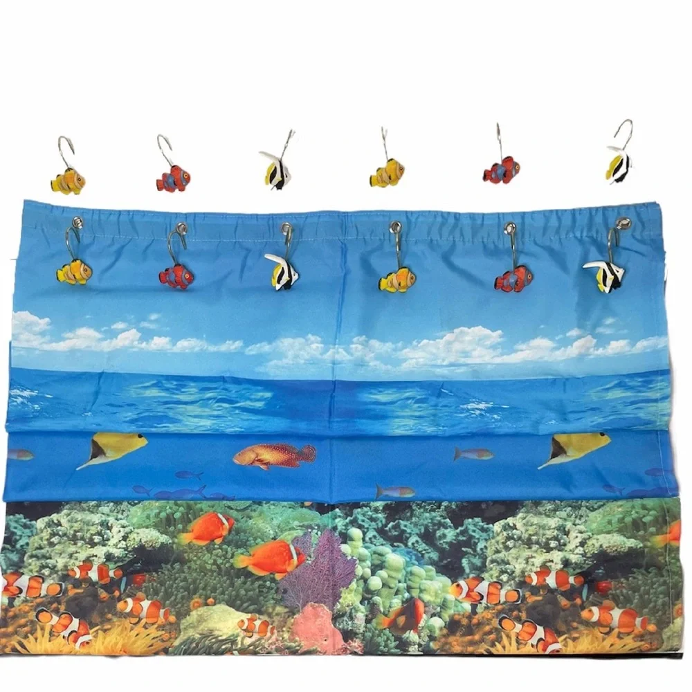 Shower Curtain Ocean Escape Set Curtain & Hooks Tropical Fish Nautical Beach